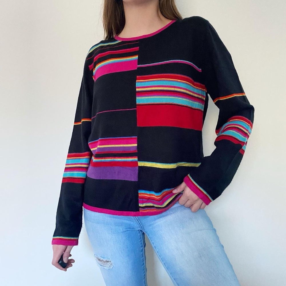 Vintage Multicolor Striped Color Block Crew Neck Sweater
